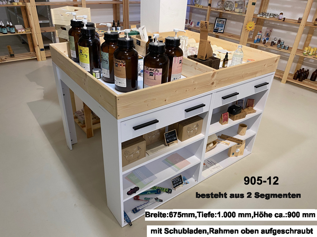 REG 600-12 Verkauf-Insel-Wühltisch;mit Schublade und Fächer Objekt  Unverpackt-